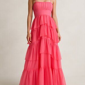 Pink Tiered Ruffle Maxi Dress Formal Evening Party Gown